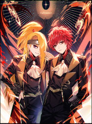 2boys absurdres ascot asymmetrical_bangs aura baocaizi black_gloves black_nails black_pants blonde_hair blue_eyes brown_eyes collared_shirt deidara_(naruto) english_text extra_mouth eyeliner forehead_protector formal_clothes gloves grin hair_over_one_eye halloween_costume hands_in_pockets hands_on_own_hips high_ponytail highres long_hair makeup male_focus multiple_boys naruto_(series) naruto_shippuuden pants parted_lips ponytail red_hair sasori_(naruto) shirt short_hair smile suit