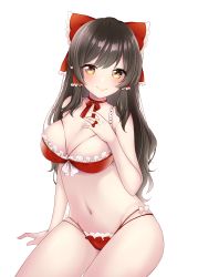 1girl absurdres arm_at_side bare_shoulders bikini blush bow bow_bikini breasts brown_hair cleavage closed_mouth collarbone commentary_request female_focus frilled_bow frills groin hair_bow hair_tubes hakurei_reimu halterneck hand_on_own_chest hand_up head_tilt highres large_breasts long_hair looking_at_viewer medium_breasts midriff multi-strapped_bikini navel red_bikini red_bow sidelocks simple_background sitting solo stomach strap_gap string_pull swimsuit tooga_mashiro touhou white_background white_bow yellow_eyes