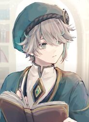 Rule 34 | 1boy, aged down, aiha (s1229aiha), akademiya uniform, alhaitham (genshin impact), book, bookshelf, closed mouth, commentary request, diamond-shaped pupils, diamond (shape), expressionless, genshin impact, green eyes, green hat, green robe, grey hair, hair between eyes, hair over one eye, hat, highres, holding, holding book, indoors, looking to the side, male focus, multicolored hair, open book, portrait, robe, short hair, solo, streaked hair, sunlight, symbol-shaped pupils, twitter username, window