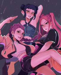 3girls absurdres arm_up artist_name black_hair black_shorts braid commentary cropped_jacket cropped_shirt double_bun earrings english_commentary hair_bun highres ikimaru jacket jewelry kpop_demon_hunters long_hair looking_at_viewer midriff mira_(kpop_demon_hunters) multiple_girls open_clothes open_jacket parted_lips pink_hair purple_hair rumi_(kpop_demon_hunters) shirt shorts smile sparkle white_shirt zoey_(kpop_demon_hunters)