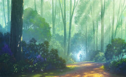 Rule 34 | 1other, ambiguous gender, bush, dappled sunlight, day, flower, forest, grass, light rays, nature, no humans, original, outdoors, path, plant, purple flower, road, scenery, silhouette, sunbeam, sunlight, tree, tree shade, yamakou (yamakou e2)