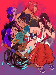 5girls a.k.i._(street_fighter) anniversary capcom china_dress chinese_clothes chun-li dark-skinned_female dark_skin double_bun dress english_text fatal_fury fingerless_gloves getinthegustaff gloves hair_bun high_ponytail highres kimberly_jackson marisa_(street_fighter) multiple_girls muscular muscular_female ninja pelvic_curtain ponytail revealing_clothes shiranui_mai street_fighter street_fighter_6 sunglasses