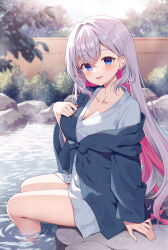 Rule 34 | 1girl, :d, blue eyes, blush, breasts, bush, cleavage, collarbone, commentary request, copyright request, day, grey hair, hair between eyes, hand up, japanese clothes, kimono, long hair, long sleeves, looking at viewer, mauve, medium breasts, multicolored hair, open mouth, outdoors, pink hair, ripples, sitting, sleeves past wrists, smile, soaking feet, solo, striped clothes, striped kimono, two-tone hair, vertical-striped clothes, vertical-striped kimono, very long hair, water