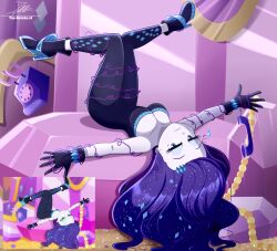 1girl antique_phone artist_name bare_shoulders bodysuit breasts cleavage derivative_work entangled eyeshadow gloves half-closed_eyes hasbro high_heels highres indoors looking_at_viewer lying makeup my_little_pony my_little_pony:_equestria_girls my_little_pony:_friendship_is_magic on_back phone purple_eyes purple_footwear purple_gloves purple_hair purple_theme rarity_(equestria_girls) rarity_(my_little_pony) reference_inset rotary_phone screenshot_redraw signature the-butch-x