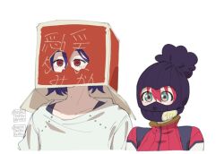 1boy 1girl amate_yuzuriha aqua_eyes ariamikukanzaki artist_name beanie blue_hair box cardboard_box collared_shirt commentary english_commentary gundam gundam_gquuuuuux hat red_eyes red_hair shirt short_hair shuji_ito simple_background twitter_username watermark white_background