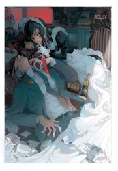 1boy 1girl artist_name belt blood bottle formal_clothes gloves highres holding holding_knife indoors knife maid maid_headdress murder necktie original pants smile souly suit white_gloves wine_bottle