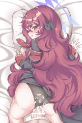 1boy 1girl :d absurdres amerika_neko arm_support armband ass bar_censor bed_sheet black_bow black_panties blue_archive blue_halo blush bow censored clothed_sex clothing_aside commentary cum cum_in_pussy cum_on_body cum_on_clothes cum_on_hair cum_on_penis doggystyle facial fluffy_hair grey_eyes hair_between_eyes hair_bow halo happy happy_sex head_on_pillow heart highres iroha_(blue_archive) jewelry lace lace-trimmed_panties lace_trim long_hair looking_at_viewer looking_back no_headwear on_bed open_mouth outstretched_hand panties panties_aside pillow pov pov_crotch red_armband red_hair ring school_uniform sex sex_from_behind sleeves_past_wrists smile straight-on sweatdrop thighs top-down_bottom-up underwear vaginal very_long_hair