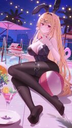 1girl animal_ear_hairband animal_ears ball bare_shoulders beachball black_leotard black_pantyhose blonde_hair blush braid breasts building cake cake_slice chair character_request chinese_commentary cleavage closed_mouth cocktail_glass commentary_request cup detached_collar drinking_glass dutch_angle fake_animal_ears feet flower food fork fruit hair_between_eyes hair_flower hair_ornament hairband hand_up highres holding holding_cake holding_food holding_fork holding_plate indie_virtual_youtuber inflatable_flamingo large_breasts legs leotard long_hair longyu_(17767756) looking_at_viewer lounge_chair lying mint nail_polish night night_sky on_side orange_(fruit) orange_slice outdoors palm_tree pantyhose pink_nails plate playboy_bunny pool pool_ladder poolside rabbit_ears red_eyes sidelocks single_braid sky smile soles solo sparkle star_(symbol) star_hair_ornament thigh_strap thighs tile_floor tiles toes tree umbrella very_long_hair virtual_youtuber water wrist_cuffs x_hair_ornament