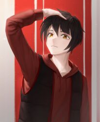 1boy absurdres black_hair black_jacket blurry blurry_background character_request check_character check_copyright collarbone commentary copyright_request english_commentary hair_between_eyes hand_on_own_head hand_up highres hood hoodie jacket light_particles male_focus numanoan original parted_lips red_hoodie short_hair sleeveless sleeveless_jacket smile solo upper_body yellow_eyes