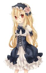 Rule 34 | 1girl, alternate costume, black bow, black bowtie, black corset, black hairband, blonde hair, blush, bow, bowtie, commentary request, corset, cowboy shot, dress, flower, frilled dress, frilled hairband, frills, hair flower, hair ornament, hairband, highres, lolita fashion, lolita hairband, long hair, looking at viewer, mechanic (ragnarok online), meiko (nattu303), open mouth, pink flower, pink rose, puffy short sleeves, puffy sleeves, ragnarok online, red eyes, rose, short sleeves, simple background, sleeve bow, solo, white background, white dress