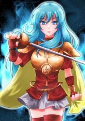 1girl armor blue_eyes blue_hair boots breastplate cape eirika_(fire_emblem) fingerless_gloves fire_emblem fire_emblem:_the_sacred_stones gloves glowing highres holding holding_sword holding_weapon long_hair looking_at_viewer miniskirt nintendo rapier shoulder_armor skirt smile solo star_(sky) starry_sky_background sword thigh_boots thighhighs wai_power weapon zettai_ryouiki