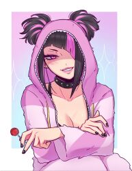Rule 34 | 1girl, black bra, black collar, black hair, black nails, bra, breasts, candy, cleavage, collar, crossed arms, food, grin, hair over one eye, han juri, hashtag-only commentary, highres, holding, holding candy, holding food, holding lollipop, lollipop, looking at viewer, multicolored hair, pajamas, pink eyes, pink hair, pink pajamas, short twintails, smile, solo, street fighter, street fighter 6, terokich, twintails, two-tone hair, underwear