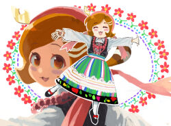 1girl ^_^ apocalypse_hotel bandana black_shoes black_vest blush_stickers brown_eyes brown_hair closed_eyes collared_shirt commentary cropped_shoulders dress flower full_body hair_ornament happy highres jewelry leaf_hair_ornament long_skirt looking_at_viewer looking_back montaro482436 multicolored_skirt multiple_necklaces multiple_views necklace official_alternate_costume open_mouth outstretched_arms pearl_necklace pink_bandana polish_clothes ponko_procione raccoon_girl raccoon_tail red_flower shirt shoes short_hair simple_background skirt smile spread_arms standing standing_on_one_leg striped_clothes striped_skirt tail tanuki thighhighs vertical-striped_clothes vertical-striped_skirt vest white_background white_shirt white_thighhighs