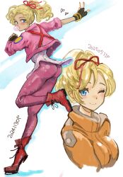 1girl ass blonde_hair blowing_bubbles blue_eyes bodysuit chewing_gum closed_mouth commentary dated elle_vianno full_body gundam gundam_zz heart highres jacket low_ponytail mecha_pilot_suit multiple_views normal_suit_(gundam) okrdisk2000 one_eye_closed pink_jacket ponytail short-sleeved_jacket short_sleeves smile solo w white_background