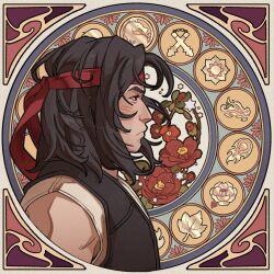 1boy art_nouveau black_hair black_vest blush border camellia closed_mouth flower from_side headband liu_kang logo looking_ahead male_focus medium_hair mortal_kombat_(series) mortal_kombat_11 nunchucku_brush ornate_border profile red_flower red_headband shirt sleeveless sleeveless_shirt solo star_(symbol) upper_body vest wenny02 white_flower white_shirt