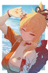 1girl absurdres aooni_09 arm_tattoo arm_up bandages blonde_hair breasts chest_sarashi choker eyeliner genshin_impact hadanugi_dousa hair_ornament highres japanese_clothes kimono looking_at_viewer makeup medium_breasts nail_polish one_eye_closed open_kimono orange_kimono orange_nails red_eyeliner red_rope rope sarashi single_bare_shoulder smile tattoo teeth yellow_eyes yoimiya_(genshin_impact)