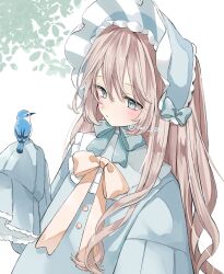 1girl bird bird_on_hand blue_bird blue_dress blue_eyes blue_hairband blue_ribbon blush bow bowtie brown_hair dress frilled_hairband frilled_sleeves frills hair_between_eyes hairband highres long_hair long_sleeves neck_ribbon original parted_lips ribbon simple_background sleeves_past_fingers sleeves_past_wrists solo twitter_username upper_body white_background white_bow white_bowtie yuni_0205