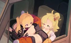 2girls absurdres bar_censor black_gloves black_shoes black_tube_top blonde_hair blush boots car_interior censored closed_mouth commentary english_commentary fingering gloves green_eyes highres kanbaki looking_at_another luciana_de_montefio mixed-language_commentary motor_vehicle multiple_girls one_eye_closed paid_reward_available parted_lips piper_wheel pussy red_eyes shoes side_ponytail smile steering_wheel strapless thigh_boots truck truck_interior tube_top yuri zenless_zone_zero