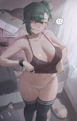 Rule 34 | 1girl, absurdres, bare arms, bare shoulders, black choker, black thighhighs, blush, breasts, brown eyes, choker, cleavage, closed mouth, commentary, english commentary, free style (yohan1754), from above, green hair, highres, indoors, jewelry, large breasts, mechanical pencil, navel, notebook, one eye closed, original, panties, pencil, ring, solo, spiked choker, spikes, stomach, thighhighs, thighs, underwear, white panties