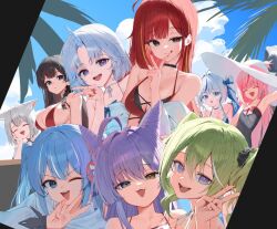 6+girls ahoge akane_lize animal_ears aokumo_rin arahashi_tabi ayatsuno_yuni black_hair blonde_hair blue_hair breasts cat_ears cat_girl cleavage closed_eyes cone_hair_bun double_bun fang green_hair grey_hair hair_bun hanako_nana hat heterochromia horns huhi_(huhi_1211) long_hair looking_at_viewer medium_hair multicolored_hair multiple_girls neneko_mashiro one_eye_closed open_mouth pink_hair purple_hair red_hair shirayuki_hina short_hair single_horn smile stellive streaked_hair sun_hat teeth tenko_shibuki upper_teeth_only virtual_youtuber yuzuha_riko