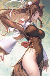 1girl alternate_costume animal_ears banken_(inui_toko) bare_legs braid breasts brown_dress brown_hair brown_nails bun_cover capelet china_dress chinese_clothes chinese_knot covered_navel cowboy_shot dog_ears dog_girl dog_tail dress floating_hair hair_bun hair_ribbon heterochromia highres inui_toko kuro-kun_(nablack) large_breasts long_hair looking_at_viewer low_twin_braids nijisanji red_eyes ribbon side_slit single_hair_bun solo standing tail tassel thighs twin_braids underbust very_long_hair virtual_youtuber white_capelet white_ribbon white_sleeves wide_sleeves yellow_eyes