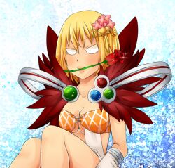Rule 34 | 1girl, alternate color, argyle clothes, argyle dress, bell, blank eyes, blonde hair, blue background, blush, breasts, cleavage, commentary request, detached sleeves, dress, feet out of frame, flower, flower in mouth, fur collar, hair bell, hair flower, hair ornament, jingle bell, large breasts, meiko (nattu303), open mouth, pink flower, ragnarok online, red flower, red rose, rose, short hair, sitting, solo, sorcerer (ragnarok online), sparkle, white dress, white sleeves