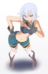 Rule 34 | 1girl, bike shorts, bike shorts under shorts, black gloves, blue shorts, breasts, brown footwear, chris (konosuba), closed mouth, full body, gloves, highres, kono subarashii sekai ni shukufuku wo!, looking at viewer, midriff, navel, noyama takenoko, scar, scar on face, short hair, shorts, simple background, small breasts, smile, solo, sports bra, thighhighs, white background, white hair, white thighhighs