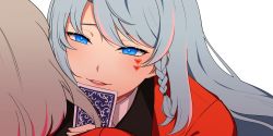 2girls angon623 azura_cecillia blazer blue_eyes blue_hair braid card collared_shirt eyebrows_hidden_by_hair facial_tattoo grey_hair highres holding holding_card jacket kakegurui looking_at_viewer miyu_ottavia multicolored_hair multiple_girls nijisanji nijisanji_id open_mouth pink_hair portrait red_jacket school_uniform shirt solo_focus streaked_hair tattoo virtual_youtuber white_hair white_shirt