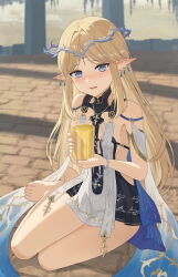1girl barefoot blonde_hair blue_eyes blush botan_m cartethyia_(wuthering_waves) feet glass highres long_hair looking_at_viewer parted_lips pointy_ears toes wuthering_waves