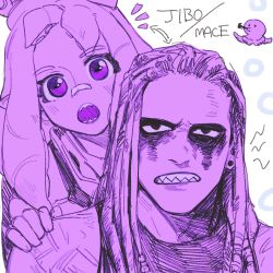 2boys akasuzume annoyed bandaid bandaid_on_face bandaid_on_nose blush brennan_williams cephalopod_eyes character_name clenched_teeth commentary_request dual_persona ear_piercing hand_on_another&#039;s_shoulder highres indie_virtual_youtuber ink jibo_(vtuber) looking_at_viewer mace_(wwe) multiple_boys notice_lines octopus open_mouth piercing pointy_ears purple_theme scarf sharp_teeth shirt simple_background sketch sleeveless sleeveless_shirt teeth virtual_youtuber voice_actor_connection white_background wwe