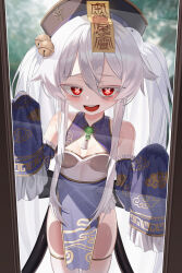 1girl absurdres against_glass bare_shoulders bell black_hat blue_dress breasts colored_eyelashes cowboy_shot detached_sleeves dress frilled_sleeves frills gimseol hat highres jewelry jiangshi_costume jingle_bell long_sleeves ofuda open_mouth original pelvic_curtain qingdai_guanmao red_eyes sidelocks sleeveless sleeveless_dress small_breasts smile solo symbol-shaped_pupils thighlet thighs twintails white_eyelashes x-shaped_pupils
