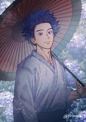 1boy boku_no_hero_academia closed_mouth expressionless flower highres holding holding_umbrella japanese_clothes kimono light_particles long_sleeves looking_at_viewer male_focus messy_hair oil-paper_umbrella outdoors purple_eyes purple_flower purple_hair red_umbrella shinso_hitoshi short_hair solo sutaru_h two-tone_umbrella umbrella upper_body white_kimono