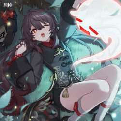 Rule 34 | 1girl, absurdres, arm up, bare legs, black hair, black nails, black shirt, boo tao (genshin impact), flower, genshin impact, grass, hair between eyes, hand up, hat, highres, hu tao (genshin impact), jewelry, long hair, long sleeves, lying, nail polish, official art, on back, one eye closed, open mouth, orange eyes, ring, shirt, socks, thighs, unworn hat, unworn headwear, very long hair, white flower, white socks