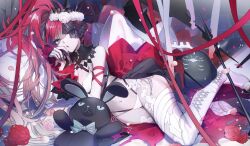 Rule 34 | 1girl, baobhan sith (fate), baobhan sith (swimsuit pretender) (third ascension) (fate), bikini, black collar, black nails, black veil, breasts, cernunnos (fate), collar, detached collar, fate/grand order, fate (series), fingernails, flower, grey eyes, hair intakes, head wreath, highres, large breasts, long hair, looking at viewer, lying, nail polish, navel, no-kan, on side, open mouth, pale skin, pink hair, pointy ears, red flower, red rose, rose, side ponytail, solo, stomach, stuffed animal, stuffed rabbit, stuffed toy, swimsuit, thighhighs, thighs, veil, white bikini, white flower, white rose, white thighhighs