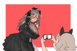 2girls animal_ears black_dress black_gloves black_hairband bow breasts cellphone cellphone_photo cleavage commentary cosplay curren_chan_(sakutsuki_ma_cherie)_(umamusume) curren_chan_(umamusume) curren_chan_(umamusume)_(cosplay) dress ear_bow ear_covers ear_ornament ears_down elbow_gloves embarrassed flying_sweatdrops frilled_dress frills fukuro_(maruaru00) gloves grey_hair hairband highres holding holding_phone horse_ears horse_girl lace multiple_girls outside_border perry_steam_(umamusume) phone pink_bow red_background red_bow see-through_cleavage see-through_clothes smartphone taking_picture umamusume umamusume:_beginning_of_a_new_era waist_bow