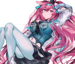 1girl animal_ears arknights arm_up between_breasts black_necktie blue_hairband breast_pocket breasts closed_mouth clothing_cutout commentary expressionless feet_out_of_frame fumi_(rdbm) grey_pantyhose hair_between_eyes hairband highres knees_up large_breasts long_hair navel navel_cutout necktie necktie_between_breasts official_alternate_costume pantyhose pink_hair pocket purple_eyes ray_(arknights) ray_(dreaming_high)_(arknights) simple_background solo tie_clip very_long_hair white_background