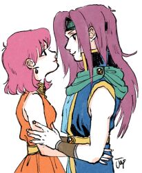 2girls artist_name bare_shoulders blue_tunic bracer breasts closed_mouth dress earrings faris_scherwiz final_fantasy final_fantasy_v green_headband green_sash headband jas_(jasjasjasart) jewelry lenna_charlotte_tycoon long_hair looking_at_another medium_breasts medium_hair multiple_girls orange_dress pale_skin parted_bangs pink_hair popped_collar profile purple_hair sash siblings sisters smile tunic upper_body white_background