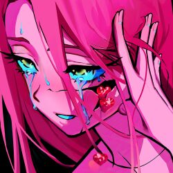 1girl alien_stage black_background blush commentary cracked_skin crying crying_with_eyes_open english_commentary hair_between_eyes heart highres long_hair long_hair_between_eyes merchandise_available mizi_(alien_stage) official_art pink_hair portrait second-party_source smile solo sweat tears tucking_hair vivinos yellow_eyes