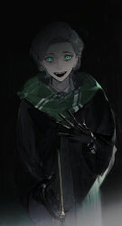 1girl absurdres black_gloves black_robe character_request check_character chinese_commentary collared_shirt commentary commentary_request cowboy_shot english_commentary evil_smile gloves glowing glowing_eyes green_eyes green_scarf grey_hair grey_vest highres hogwarts_legacy hogwarts_school_uniform holding holding_staff long_sleeves looking_at_viewer meru02295238 mixed-language_commentary open_mouth protagonist_(hogwarts_legacy) robe scarf school_uniform shirt short_hair slytherin smile solo staff vest waistcoat wide_sleeves wizarding_world