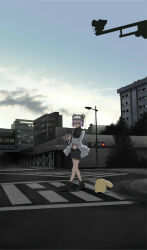 1girl animal_hat black_footwear black_shorts building cellphone character_request city crosswalk dusk flip_phone hat highres hitomi2230 holding holding_phone long_sleeves midriff phone pocket purple_hair road short_hair shorts sky urban walking wooser_(character) wooser_no_sono_higurashi