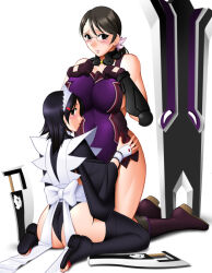 Rule 34 | 2girls, ass, bad source, bandages over clothes, black eyes, black hair, black thighhighs, blush, boots, breasts, butterfly swords, cattleya (queen&#039;s blade), choker, cleavage, crossover, fingerless gloves, flipped hair, full body, glasses, gloves, hair ornament, hands on another&#039;s hips, hands on own chest, huge breasts, huge weapon, iroha (samurai spirits), japanese clothes, kneeling, large breasts, leotard, leotard under clothes, long hair, looking at viewer, looking back, maid, maid headdress, mature female, mokkouyou bond, multiple girls, open mouth, planted, plump, ponytail, queen&#039;s blade, queen&#039;s gate, ribbon, samurai spirits, shiny skin, simple background, snk, sword, thigh boots, thighhighs, thighs, toes, weapon, white background, white ribbon