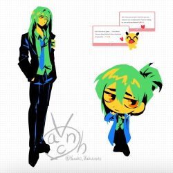 Rule 34 | 1boy, armband, black jacket, black pants, black shoes, blue coat, brown eyes, chibi, closed mouth, coat, collared shirt, colored skin, eyebrow cut, folded ponytail, full body, green armband, green hair, green shirt, jacket, library of ruina, limited palette, lobotomy corporation, long hair, long sleeves, looking at viewer, male focus, marshmallow (site), multiple views, netzach (project moon), open collar, pants, project moon, shirt, shoes, simple background, solo, standing, vancho vakurets, white background, yellow skin
