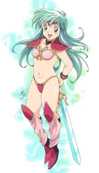 1girl armor arms_behind_back ayanokouji_rem bikini bikini_armor boots bracer breasts dream_hunter_rem full_body green_eyes green_hair highres kneehighs kujira_gunsou long_hair navel open_mouth pauldrons pink_bikini pink_socks red_bikini red_boots shoulder_armor small_breasts smile socks solo stomach swimsuit sword thighs tiara weapon