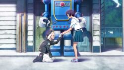 1boy 1girl balding belt_pouch beret black_boots black_hair black_hat black_jacket blue_skirt blue_sky blue_stripes bob_cut boots chuo_tanegashima_high_school_uniform cloud cloudy_sky cropped_shirt daitoku_junna dark-skinned_female dark_skin day fujita_tetsuharu fukuda_tomonori game_cg gloves grandfather_and_granddaughter grey_eyes hat high-waist_skirt highres holding_hands jacket kneeling leather leather_boots leather_jacket miniskirt non-web_source official_art old old_man open_mouth outdoors pants patchwork_clothes pink_shoes pleated_skirt pouch robot robotics;notes sailor_collar school_uniform shirt shoes short_hair short_sleeves skirt sky smile standing thick_eyebrows thighs tree white_gloves white_pants white_sailor_collar white_shirt work_gloves