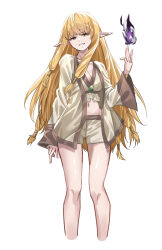 1girl absurdres blonde_hair breasts cleavage earclip elf fire grin hair_tubes highres large_breasts long_hair looking_at_viewer navel pointy_ears purple_fire robe serie_(sousou_no_frieren) shorts simple_background smile solo sousou_no_frieren teeth uyufuzi_s white_background white_robe white_shorts yellow_eyes