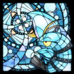 animal_focus black_border black_eyes blue_background blue_theme border clauncher colored_sclera creatures_(company) energy_ball free_butterfree from_side full_body game_freak gen_6_pokemon half-closed_eyes highres nintendo no_humans outside_border pokemon pokemon_(creature) profile solo stained_glass yellow_sclera