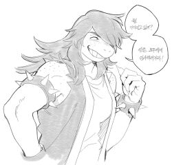 1girl ^_^ armlet body_freckles bracelet closed_eyes deltarune freckles furry furry_female greyscale grin hair_over_one_eye highres jewelry korean_text long_hair monochrome one_eye_covered simple_background smile solo speech_bubble spiked_armlet spiked_bracelet spikes susie_(dark_world)_(deltarune) susie_(deltarune) swept_bangs translation_request ttudolee upper_body white_background