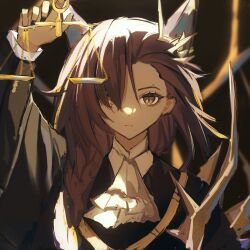 1girl animal_ears anpoai arknights arm_up ascot black_nails black_shirt brown_hair chinese_commentary closed_mouth commentary_request fingernails gold hair_behind_ear hair_over_one_eye highres holding long_sleeves looking_at_viewer medium_hair mole mole_above_eye nail_polish one_eye_covered penance_(arknights) shirt sketch solo staring weighing_scale white_ascot yellow_eyes