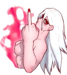 1girl boku_no_hero_academia breasts ear_piercing eyeshadow frown genderswap genderswap_(mtf) hensket makeup medium_breasts middle_finger nude piercing red_eyes red_nails scar scar_on_face scar_on_mouth shigaraki_tomura solo tagme white_hair