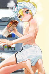 1boy absurdres after_bathing bare_legs barefoot blonde_hair blue_eyes blush commentary dolphin_shorts feet frown hair_between_eyes highres holding holding_milk_carton kagamine_len kubari male_focus milk_carton nipples refrigerator short_shorts shorts sitting soles solo steaming_body topless_male towel towel_on_head vocaloid water_drop white_shorts